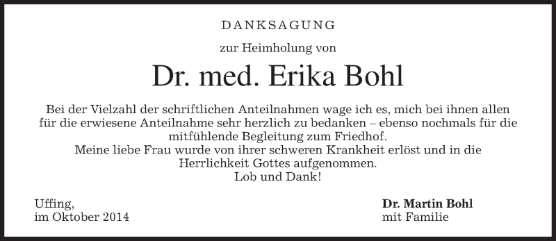  Traueranzeige für Erika Bohl vom 31.10.2014 aus merkurtz