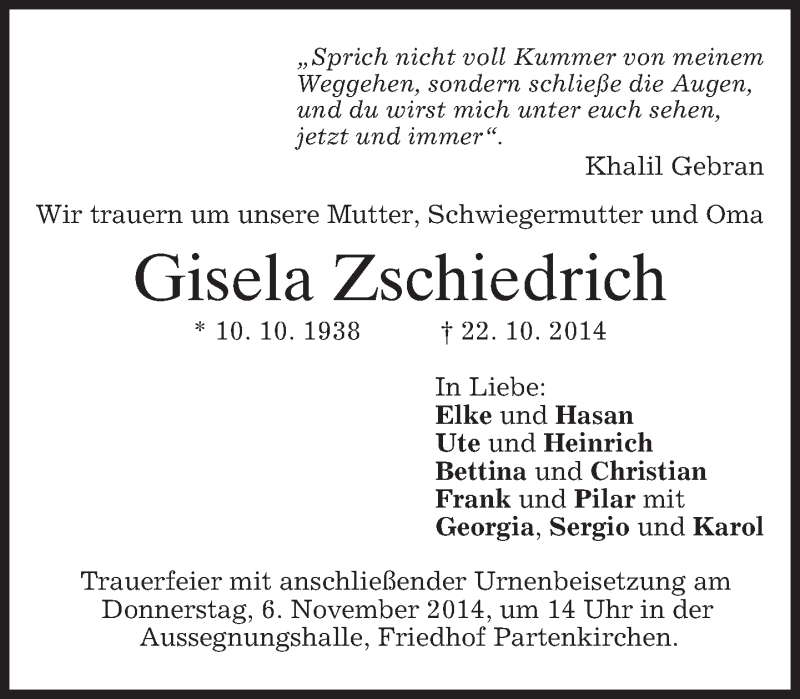  Traueranzeige für Gisela Zschiedrich vom 03.11.2014 aus merkurtz