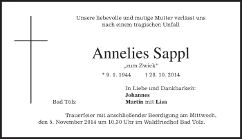 Traueranzeige von Annelies Sappl von merkurtz
