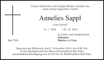 Traueranzeige von Annelies Sappl von merkurtz