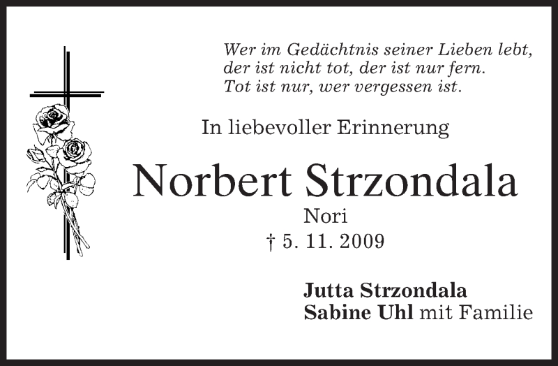  Traueranzeige für Norbert Strzondala vom 05.11.2014 aus merkurtz