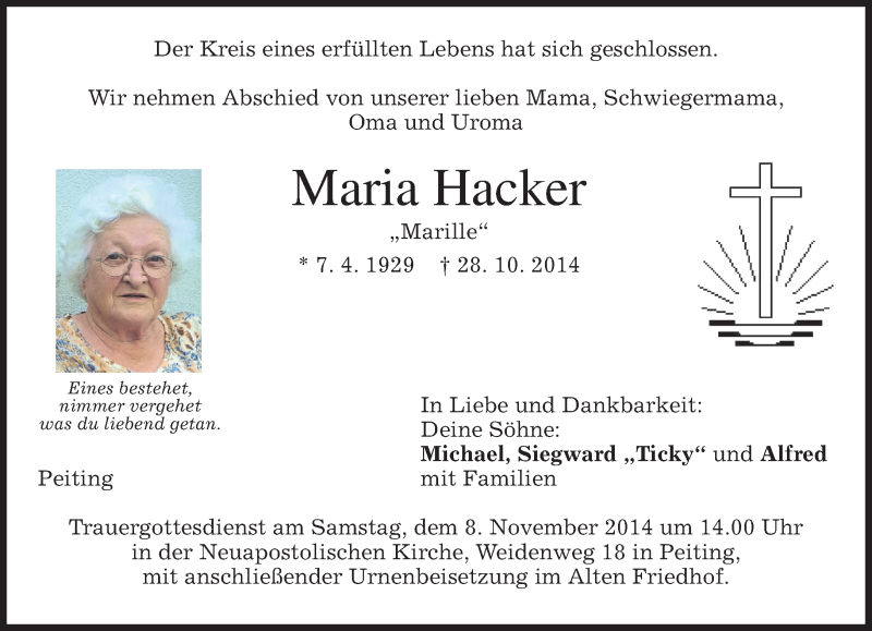  Traueranzeige für Maria Hacker vom 05.11.2014 aus merkurtz