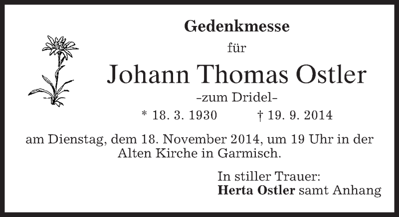  Traueranzeige für Johann Thomas Ostler vom 15.11.2014 aus merkurtz