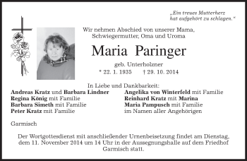 Traueranzeige von Maria Paringer von merkurtz