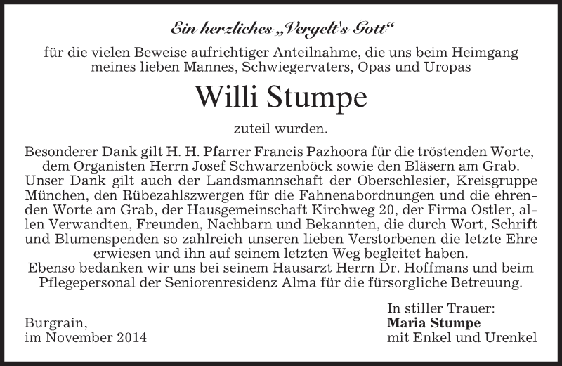  Traueranzeige für Willi Stumpe vom 08.11.2014 aus merkurtz