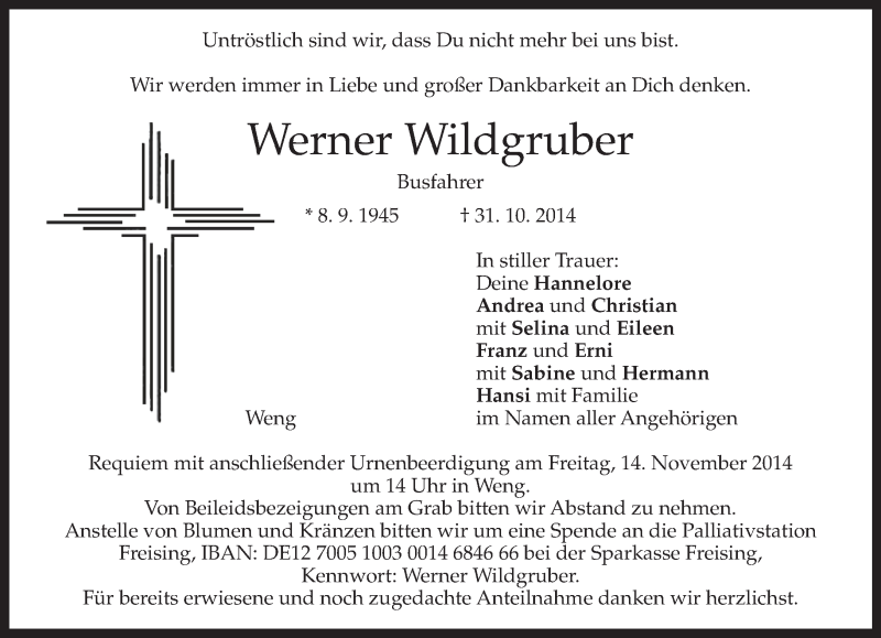  Traueranzeige für Werner Wildgruber vom 11.11.2014 aus merkurtz