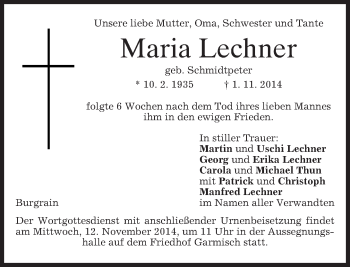 Traueranzeige von Maria Lechner von merkurtz
