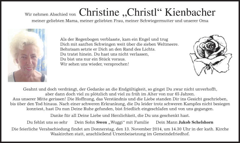  Traueranzeige für Christine Kienbacher vom 10.11.2014 aus merkurtz