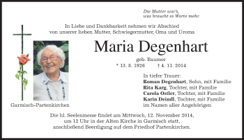 Traueranzeige von Maria Degenhart von merkurtz