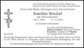 Traueranzeige von Josefine Streitel von merkurtz