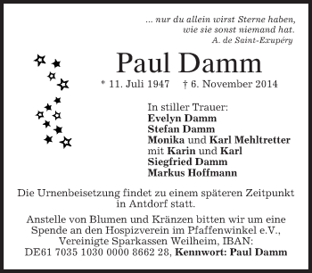 Traueranzeige von Paul Damm von merkurtz