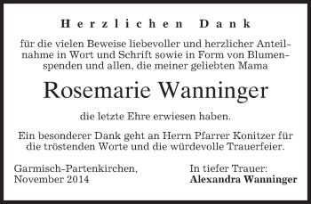 Traueranzeige von Rosemarie Wanninger von merkurtz