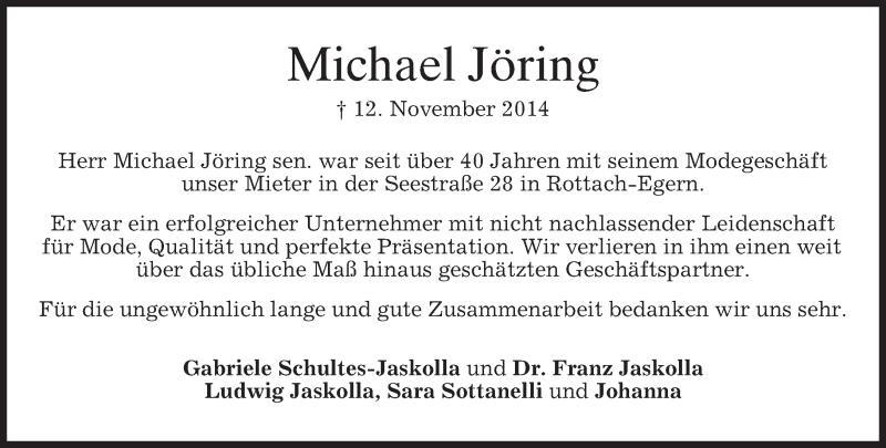  Traueranzeige für Michael Jöring vom 15.11.2014 aus merkurtz