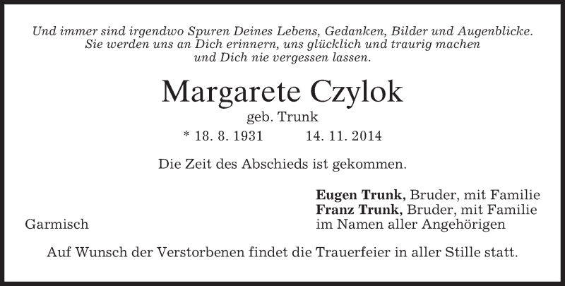  Traueranzeige für Margarete Czylok vom 17.11.2014 aus merkurtz