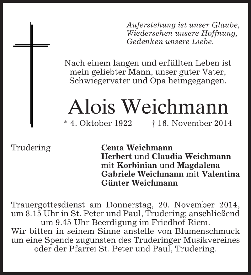  Traueranzeige für Alois Weichmann vom 18.11.2014 aus merkurtz
