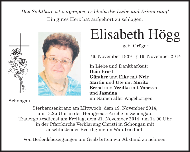  Traueranzeige für Elisabeth Högg vom 18.11.2014 aus merkurtz