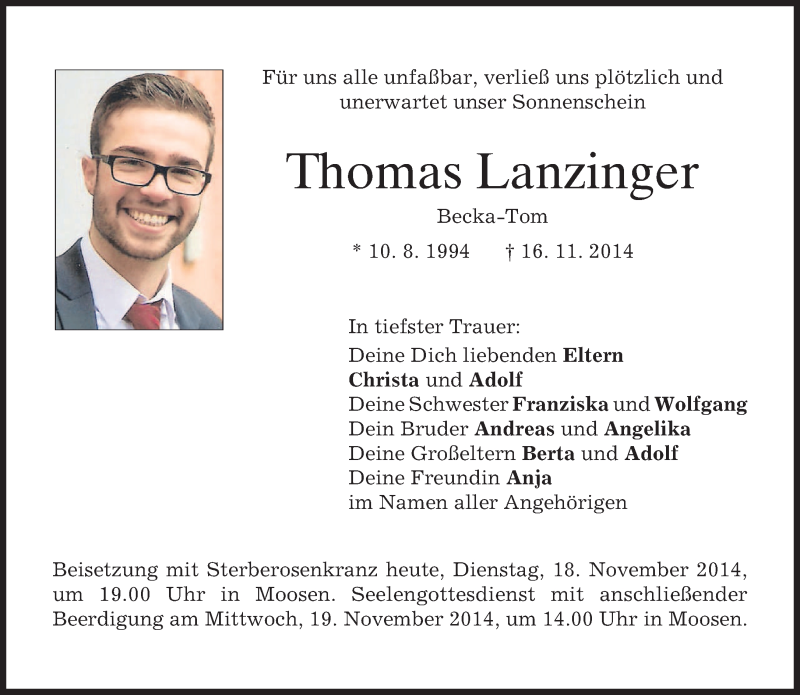  Traueranzeige für Thomas Lanzinger vom 18.11.2014 aus merkurtz