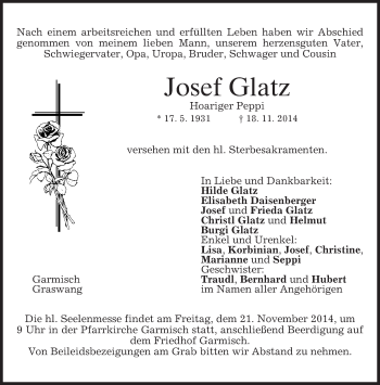 Traueranzeige von Josef Glatz von merkurtz