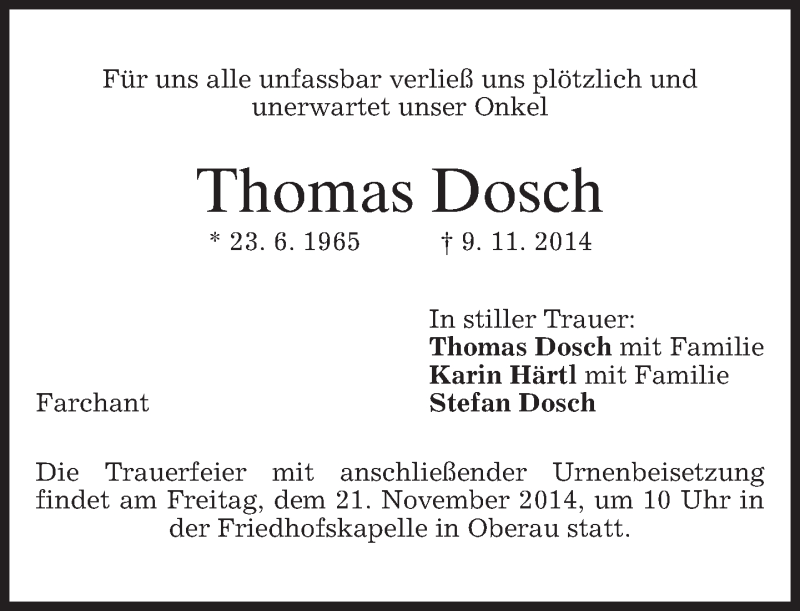  Traueranzeige für Thomas Dosch vom 20.11.2014 aus merkurtz