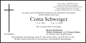 Traueranzeige von Centa Schweiger von merkurtz