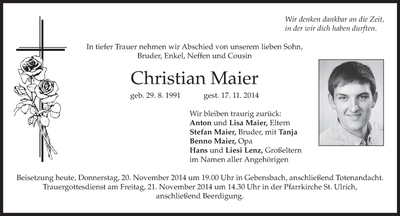  Traueranzeige für Christian Maier vom 20.11.2014 aus merkurtz