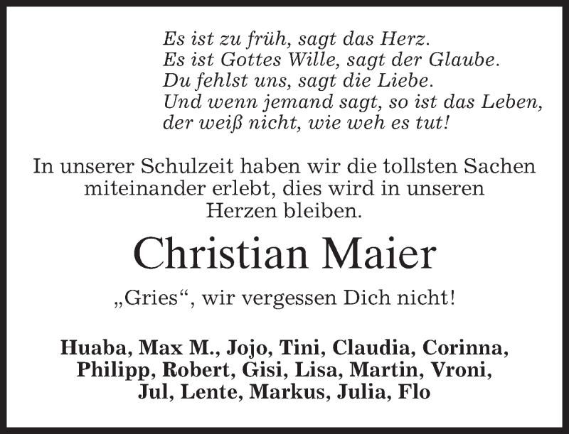 Traueranzeige für Christian Maier vom 21.11.2014 aus merkurtz