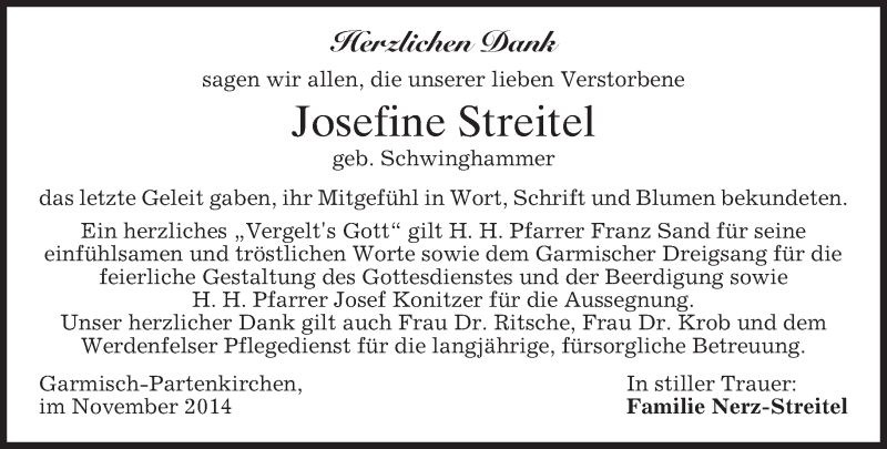  Traueranzeige für Josefine Streitel vom 22.11.2014 aus merkurtz