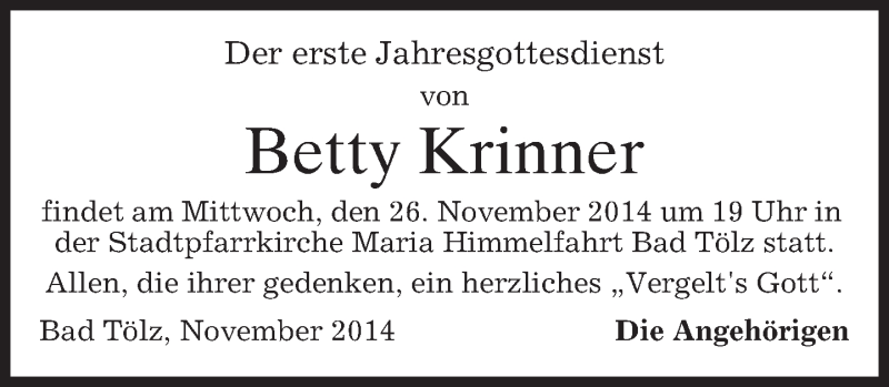  Traueranzeige für Betty Krinner vom 22.11.2014 aus merkurtz