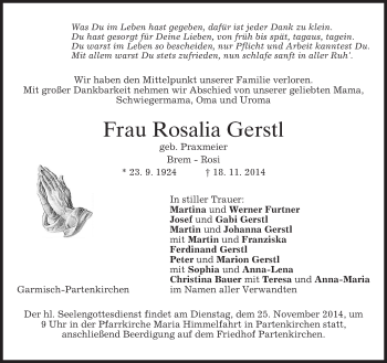 Traueranzeige von Rosalia Gerstl von merkurtz