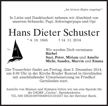 Traueranzeige von Hans Dieter Schuster von merkurtz