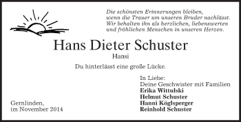 Traueranzeige von Hans Dieter Schuster von merkurtz
