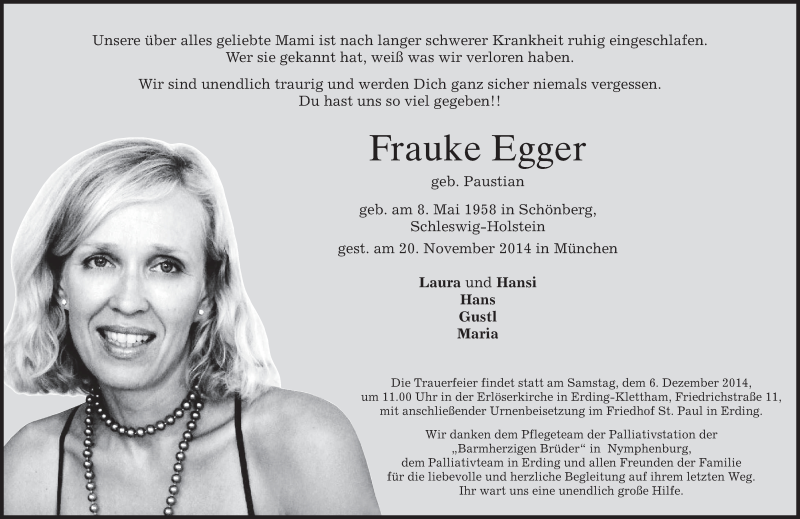  Traueranzeige für Frauke Egger vom 29.11.2014 aus merkurtz