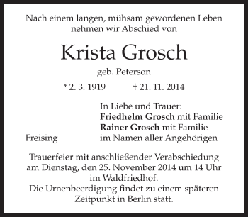 Traueranzeige von Krista Grosch von merkurtz