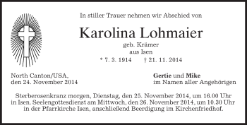 Traueranzeige von Karolina Lohmaier von merkurtz