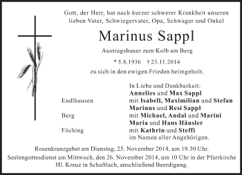 Traueranzeige von Marinus Sappl von merkurtz