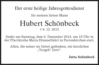 Traueranzeige von Hubert Schönbeck von merkurtz