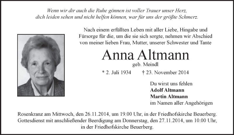  Traueranzeige für Anna Altmann vom 25.11.2014 aus merkurtz
