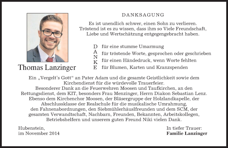  Traueranzeige für Thomas Lanzinger vom 29.11.2014 aus merkurtz