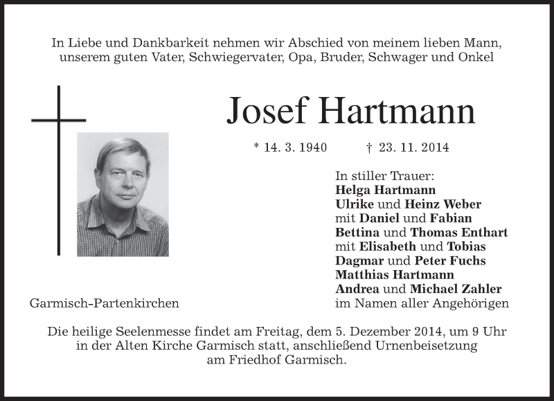  Traueranzeige für Josef Hartmann vom 29.11.2014 aus merkurtz