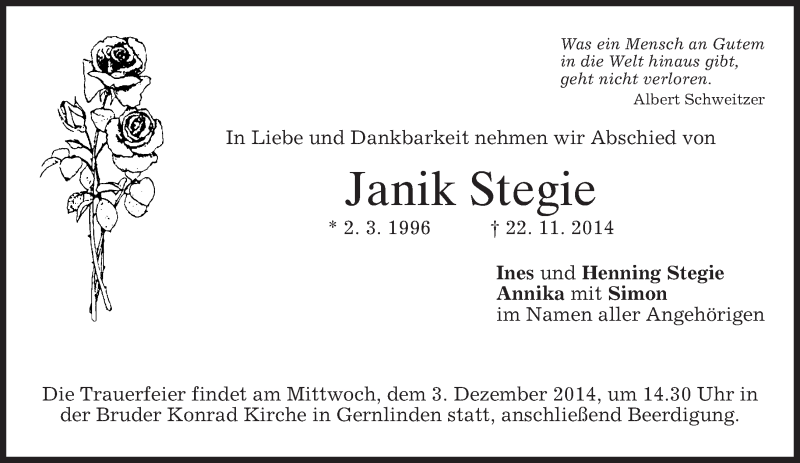  Traueranzeige für Janik Stegie vom 28.11.2014 aus merkurtz