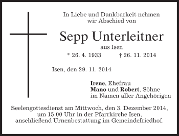 Traueranzeige von Sepp Unterleitner von merkurtz
