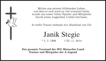 Traueranzeige von Janik Stegie von merkurtz