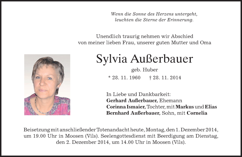  Traueranzeige für Sylvia Außerbauer vom 01.12.2014 aus merkurtz