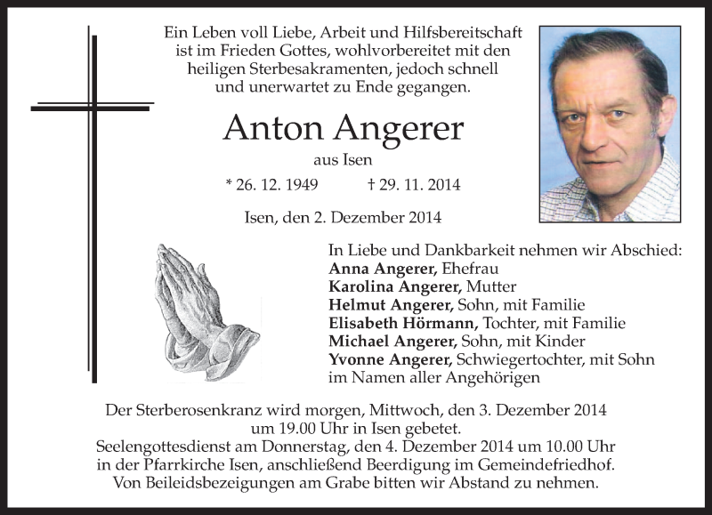  Traueranzeige für Anton Angerer vom 02.12.2014 aus merkurtz