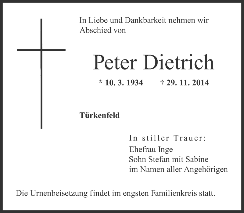 Traueranzeigen Von Peter Dietrich Trauermerkurde