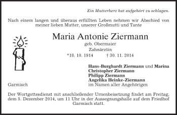 Traueranzeige von Maria Antome Ziermann von merkurtz