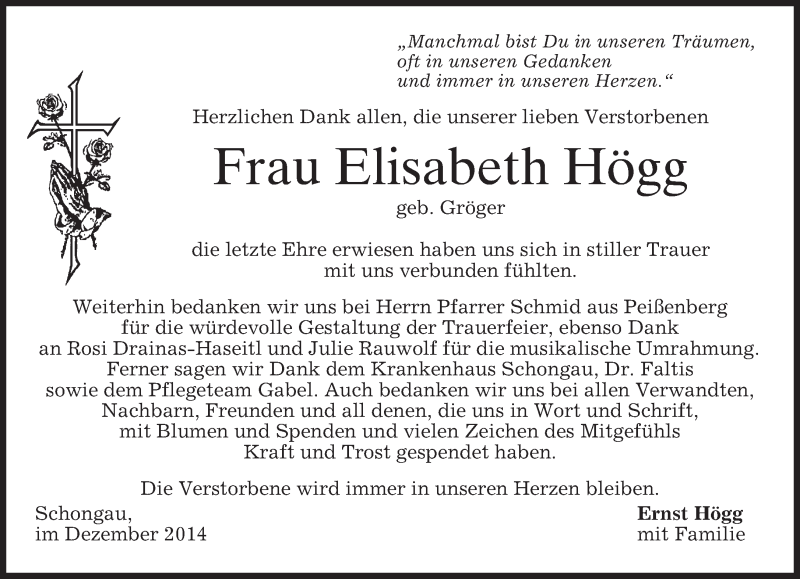  Traueranzeige für Elisabeth Högg vom 06.12.2014 aus merkurtz