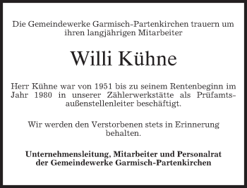 Traueranzeige von Willi Kühne von merkurtz