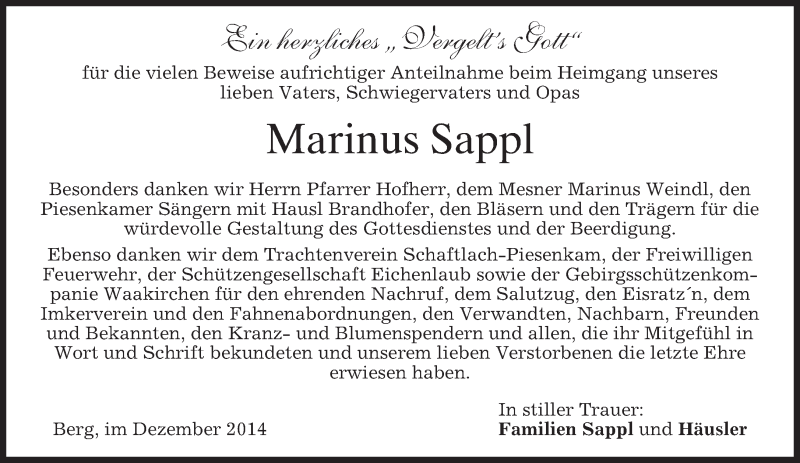  Traueranzeige für Marinus Sappl vom 06.12.2014 aus merkurtz