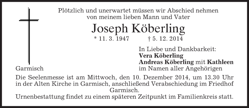  Traueranzeige für Joseph Köberling vom 08.12.2014 aus merkurtz